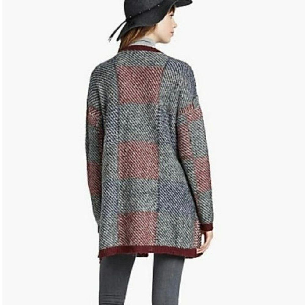 Lucky Brand Alpaca Wool Mohair Blend Check Open Front Cardigan Sweater Large - Picture 2 of 14